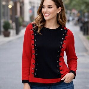 Elena Wang Red Black Lace Up Grommet Colorblock Knit Top Size Large Rockabilly